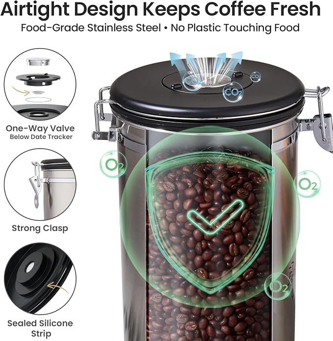 Veken Coffee Canister,39OZ, 2.2lbs,Large Airtight Stainless Steel Container | Kitchen Food Storage Jars for Beans,Ground, Espresso, Rice,Tea, Sugar, Cereal, Cookie,Gifts, Lids, Scoop, Silver
