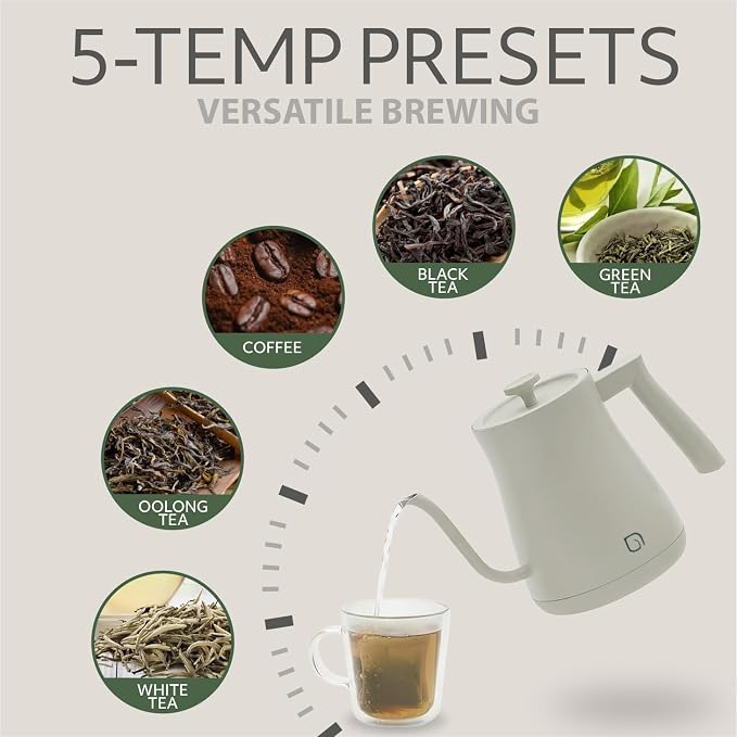 WILLOW ECO SERIES Gooseneck Electric Kettle with 5 Temperature Presets and Keep Warm Feature, 0.8L Pour Over Kettle for Coffee & Tea 1200W Quick Heating with 100% Stainless Steel Interior Water Heater