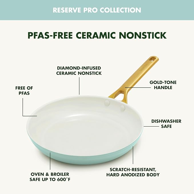 GreenPan Nonstick Reserve Pro 8" Frying Pan, NSF Certified Ceramic, Hard Anodized PFAS-Free Skillet, Stainless Steel Handles, Oven & Dishwasher Safe, Seaside Blue