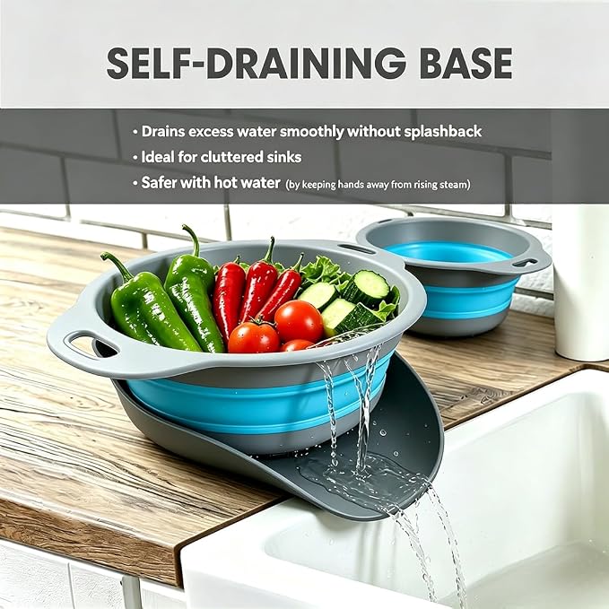 AUOON Collapsible Colander Set (3QT + 4QT) with Draining Base, Gray+Blue | Fast Draining, Heat-Resistant, Dishwasher Safe, Space-Saving, Food-grade TPE & PP for Pasta Noodles Vegetables and Fruits
