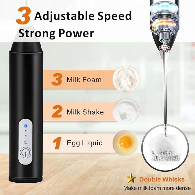 Rechargeable Milk Frother Wand Handheld, Coffee Foam Maker,Mini Drink Mixer | Dual Stainless Steel Whisk, 3 Speeds, USB-C Battery Portable Protein Blender, Small Electric Stirrer for Mathca, Cappuccino