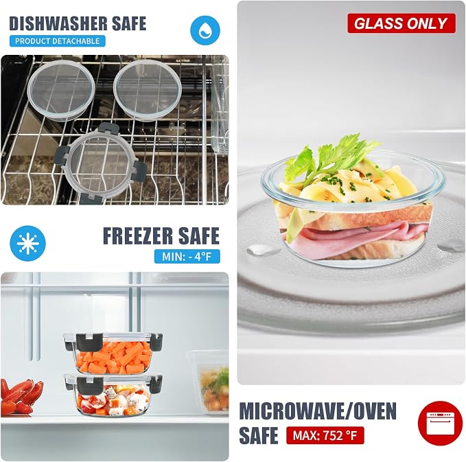 6 Pack 13oz Small Round Glass Meal Prep Containers with Airtight Lids | Perfect for Small Portions, Glass Food Storage Containers with Lids, Freezer to Microwave Safe, Dishwasher Safe