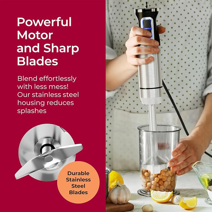 MuellerLiving Immersion Hand Blender - Full Set 7 Attachments, 8 speed | Mixer with 7 Attachments: Stainless Steel Blade, Whisk, Milk Frother, Beater, Mixing Hooks, Potato Masher, Chopper Bowl