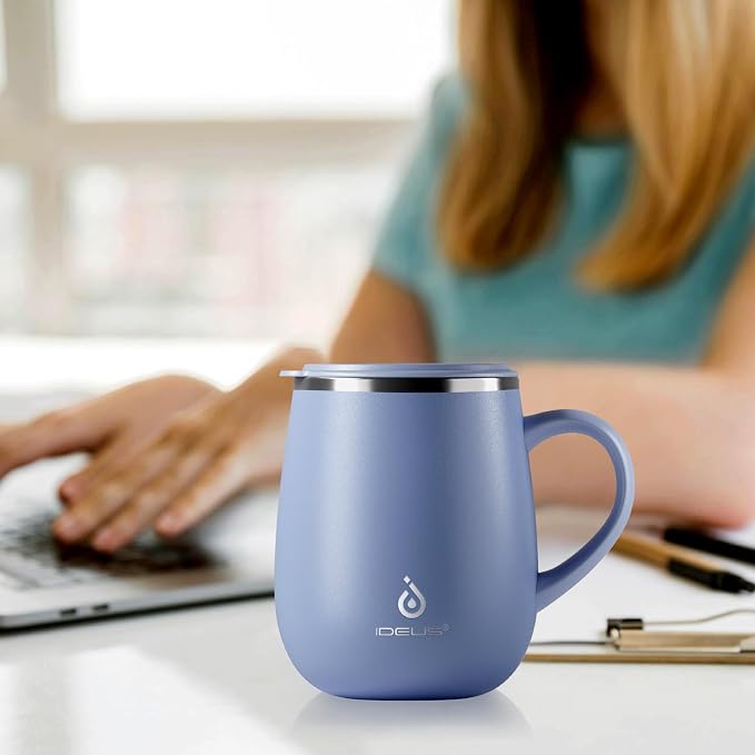 Ideus 16 oz Insulated Coffee Mug with Handle and Lid, Double Wall Stainless Steel Vacuum Thermal Coffee Mug, Travel Coffee Cup Thermal Cup for Home and Office, Ocean Blue 2.0