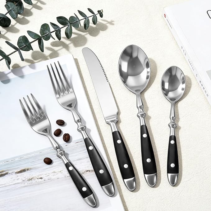 20pcs Black Silverware Set Service for 4,Vintage Flatware Set with Black Bakelite Handle, Stainless Steel Cutlery Set,Dishwasher Safe