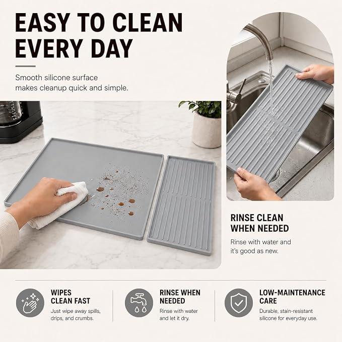 Silicone Coffee Mat 24 x 16 in with Tray, Minimal Light Gray | Coffee bar mat for countertop use, coffee station mat or coffee machine mat with removable tray and 0.47 in raised rim.