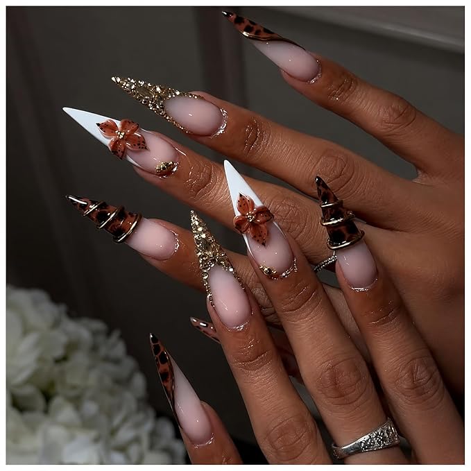 Long Stiletto Press on Nails Handmade Leopard Print Fake Nails with Luxury 3D Flower & Gold Rhinestone Design Full Cover Hand Made Thick Acrylic Stick on False Nails for Women 10Pcs (M)