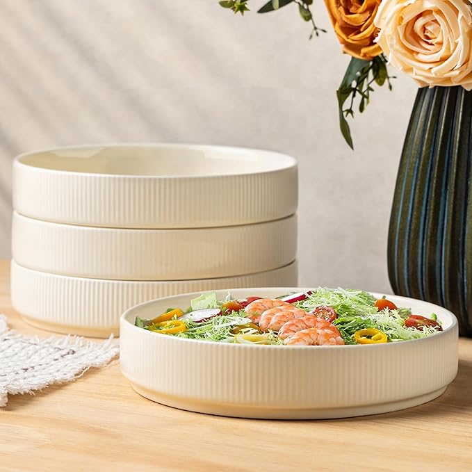 7.5" Ceramic Pasta Bowls Set of 4, Salad Bowls | Versatile Serving Bowls for Pasta, Salad, Fruit & Noodles, Housewarming & Wedding Gift, Beige