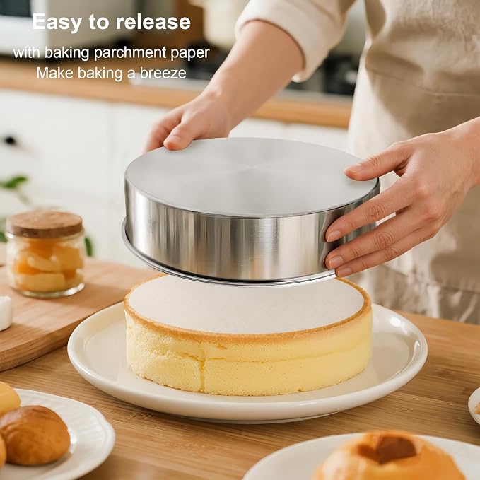 9½ Inch Round Cake Pan, 2PCS Stainless Steel Cake Pans &100 Parchment Paper | Nonstick Circle Round Cake Pans Tins for Birthday Baking Layer Cake, Healthy & Non-Toxic, Silicone Spatula & Dishwasher Safe