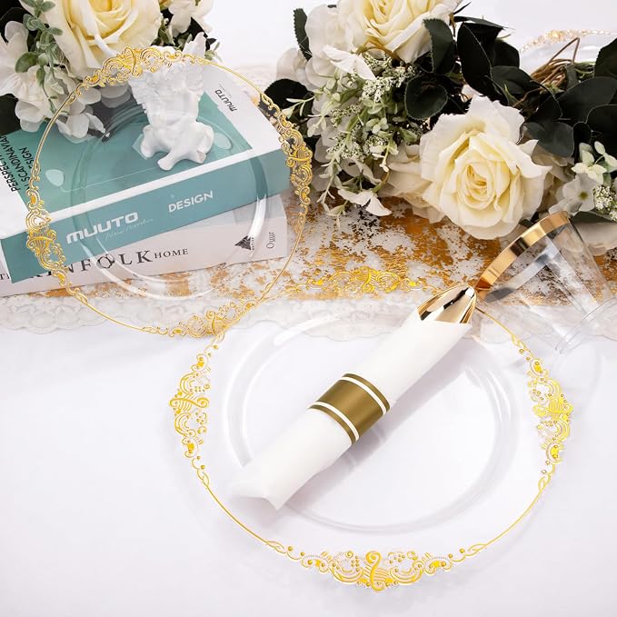 Nervure 175Pcs Clear Gold Plates, Disposable Party Plates for 25 Guests | 25 7.5" Dessert & 25 10.25" Dinner Disposable Plates, 75 Gold Cutlery, 25 9oz Cups, 25 Napkin for Wedding & Party, BPA-free