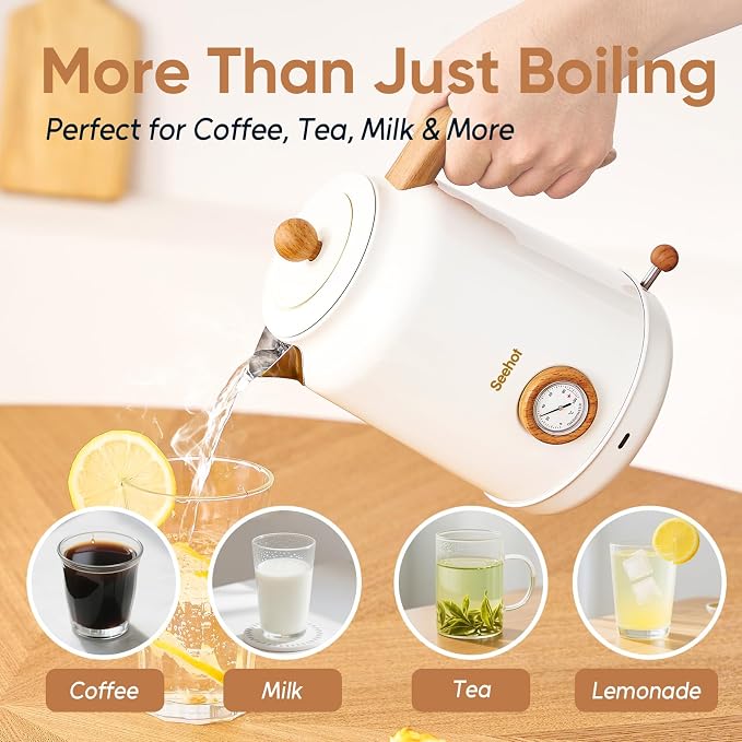 Seehot® Electric Kettle With Thermometer, 1.7L 1200W, White | Auto shutoff, boil-dry protection,water-contact stainless steel, cordless base for coffee and tea