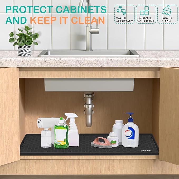 Silicone Under Sink Mat, 28"x22", Waterproof Cabinet Liner, Black | Shelf Liner, Cabinet Protector, Home Organizer, for Kitchen, Bathroom, Multipurpose, Leak Proof, Easy Clean, Drip Tray, Clean