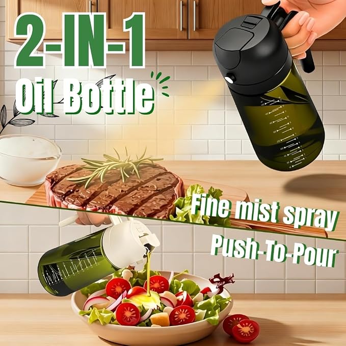 2 in 1 Olive Oil Sprayer and Dispenser, 16oz Glass Oil Spray Bottle with Measurement Marks, grilling spray bottle, Light Blockage Dark Oil Sprayer 2 Pack for Air Fryer, Salad, Cooking, BBQ