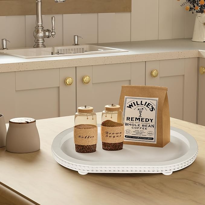 Urban Deco Oval Wooden Decorative Tray Set of 2 | Farmhouse Vintage Decorative Tray Stand for Coffee Table, White Serving Tray for Living Room Kitchen Home Decor