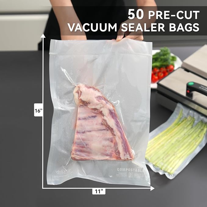 VestaEco Compostable Food Vacuum Sealer Bags, 50 Gallon 11" x 16" Precut | Heavy-Duty Embossed Vacuum Seal Bags for Food Saver, BPA-Free, for Storage, Meal Prep or Sous Vide