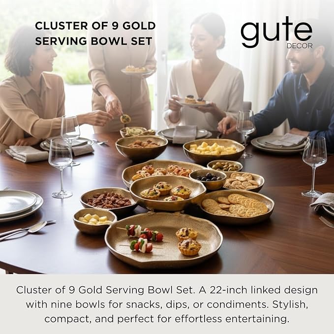 9 Cluster Decorative Bowls Bright Gold Brass Snack Tray Bowl Chip & Dip Serving Piece Strong Brass Centerpiece Beautiful Room Accent & Entertaining Parties Home Decor Wedding Gifts 22 Inch Decorative