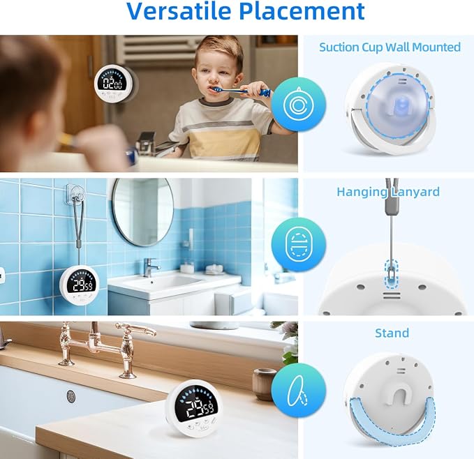 Waterproof Shower Timer for Bathroom Kitchen with Countdown Count-up, White | Large LED Display, 3 Brightness, 4 Volume, Battery Powered, Suction Cup Mounted Digital Stopwatch for Toilet Classroom
