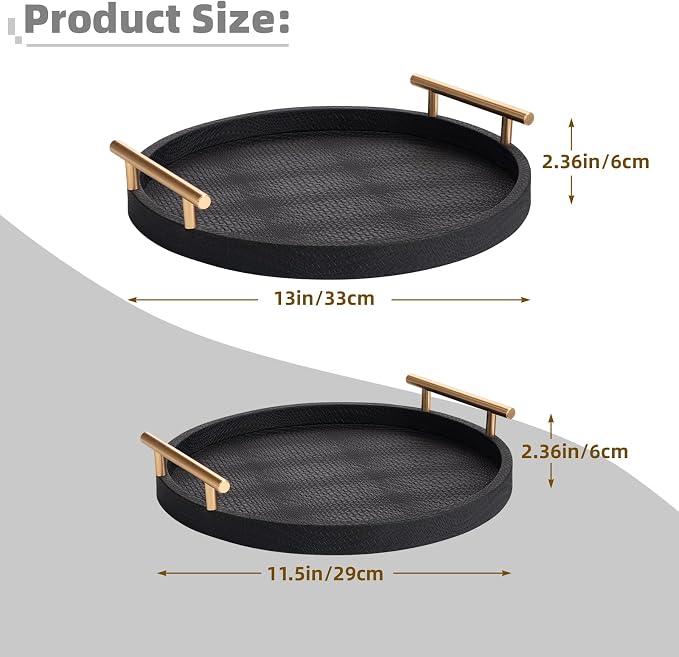 2 Piece Black Round Serving Tray with Handles, Woven-Texture Faux Leather Ottoman Tray for Living Room, Decorative Tray for Coffee Table Home Decor