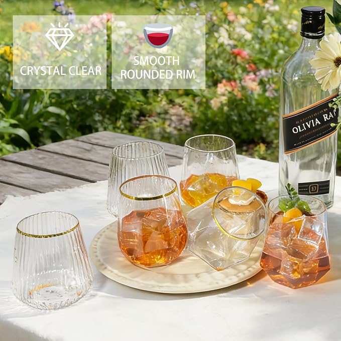 CHLJAR 40 Pack 12oz Stemless Plastic Wine Glasses, Clear Gold Rim Unbreakable Drinkware, Elegant Cups for Champagne Whiskey Cocktails, Weddings Parties Home Bars, Indoor Outdoor, Gifting Daily Use