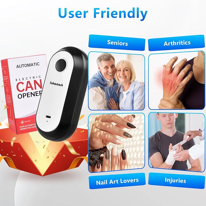 SAKAMOSH One-Touch Auto Stop Electric Can Opener | Smooth Safe Edges, Cordless Rechargeable, One-touch Auto Stop, Compatible with Most Can Sizes, Great for Seniors, Arthritis