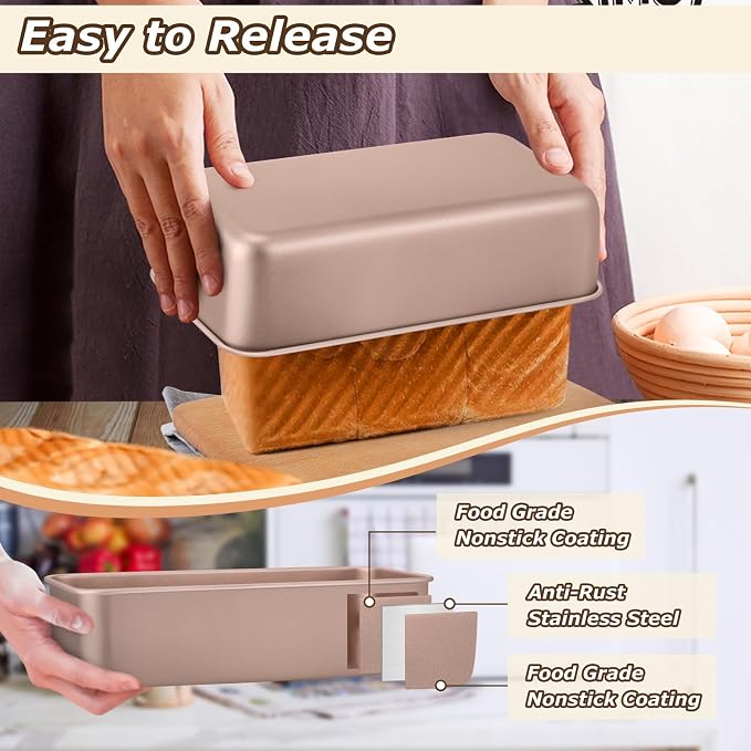 LIANYU Loaf Pans for Bread Baking, 9×5 Inch Stainless Steel Loaf Bread Tins, Non-Stick Baking Pans for Homemade Banana Sandwich Sourdough, Healthy & Sturdy, Set of 2, Rose Gold