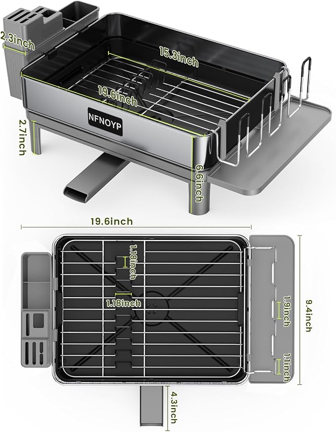 304 Stainless Steel Dish Drying Rack for Kitchen Counter, Grey | Large Capacity Rustproof Dish Rack with Auto Drain Spout, Removable Utensil & Cup Holders, Drainboard Set