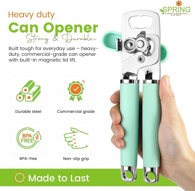 Spring Chef Stainless Steel Manual Can Opener with Soft Grip Handles, Mint | Heavy Duty Hand Can Opener for Seniors with Smooth Edge, Easy Turn, 3in1 Can Opener with Magnetic Lid Remover & Bottle Opener