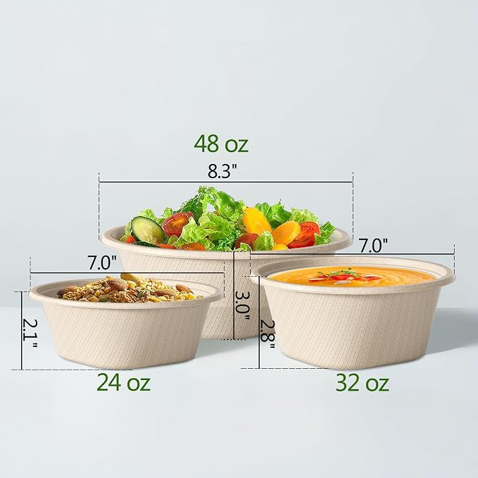 48 Oz Disposable Bowls - Heavy Duty and Compostable Bowl - Made from Sugarcane and Bamboo Fibers, Microwave Safe - Large Paper Bowl for Soup, Salad, Ramen, Popcorn, etc. [50 Pack]