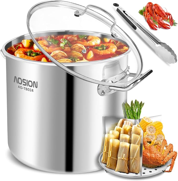 AOSION 24QT Stainless Steel Stock Pot with Lid,6 Gallon. | Steamer Rack & Divider, Heavy Duty Tamale Steamer Pot, Visible Lid, For Crab Boil, Pasta, Soup