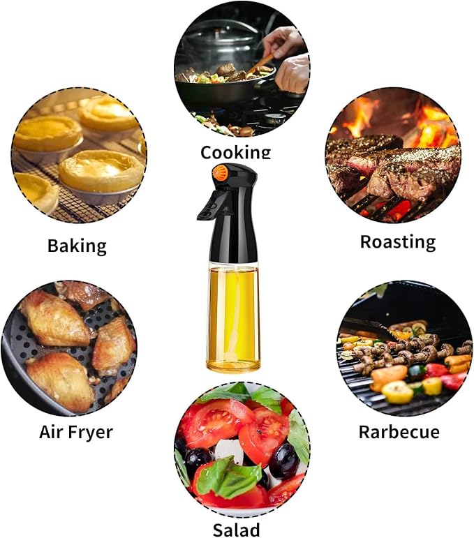 Glass Oil Sprayer, 7oz Olive Oil Mister, Food Grade Portable Refiilable Oil Vinegar Spritzer Sprayer Bottles for Air Fryer, Kitchen, Salad, Baking, BBQ, Frying(black)