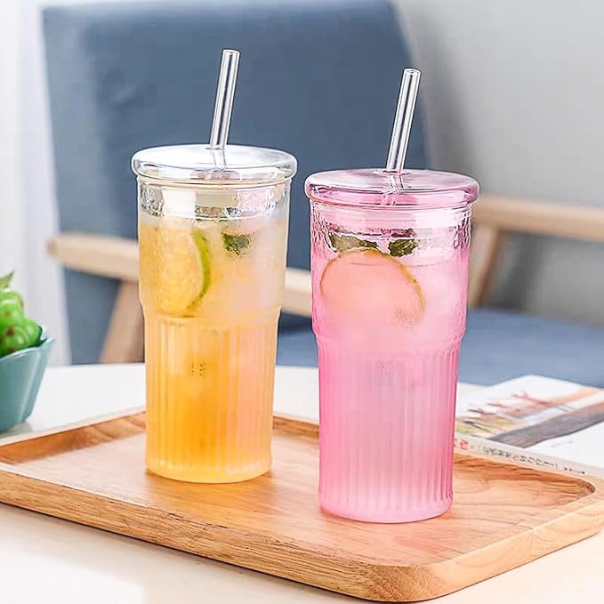 JunVpic Glass Coffee Tumbler, 20 oz Glass Cup with Lid and Straw | Pink glass design, Hammered Texture, reusable straw and lid for iced coffee, tea, smoothies and hot & cold drink