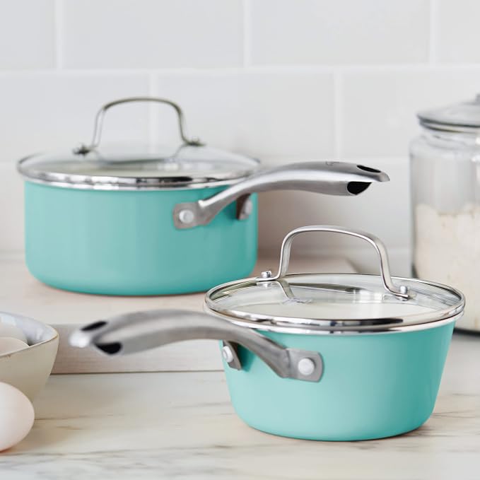 GreenLife Artisan Healthy Ceramic Nonstick, 1QT and 2QT Saucepan Pot Set with Lids, Stainless Steel Handle, PFAS-Free, Dishwasher Safe, Oven Safe, Turquoise