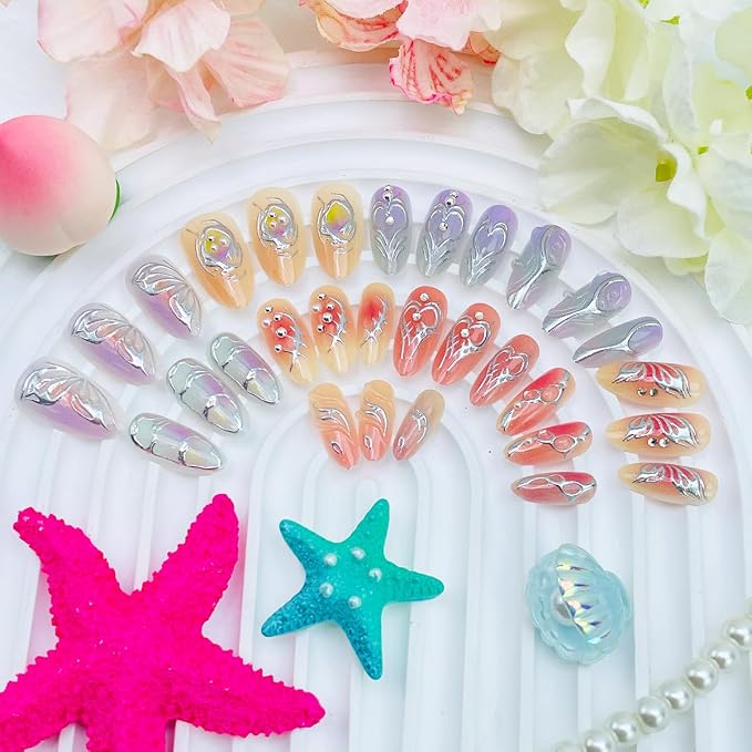 30Pcs Medium Almond Press on Nails Orange Pink Gradient Fake Nails Chrome Silver Butterfly Heart False Nail with 3D Rhinestones Design Full Cover Glue on Nails Y2K Gothic Acrylic Nails for Women Girls