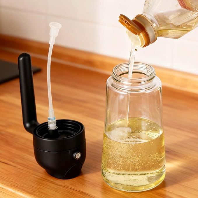 16oz/470ml Glass Olive Oil Sprayer & 2-in-1 Dispenser Bottle with Pour Spout for Cooking, Air Fryers, Salads, BBQs, and Kitchen Use(Black)