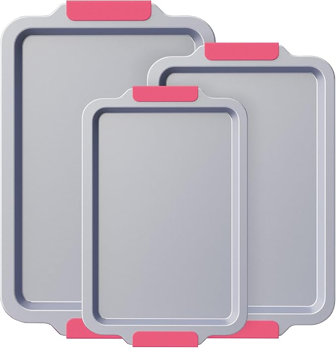BRONYPRO Non Stick Ceramic Baking Sheet Pan Set of 3, Non Toxic Cookie Sheets (PFAS/PFOA/PTFE Free), Aluminized Steel Oven Trays with Silicone Handles, Rust-Resistant, Warp-Resistant to 500°F, Rose