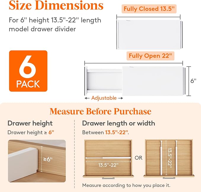 Lifewit 6" Tall Upgrade Drawer Dividers, Adjustable Deep Drawer Organizer | 13.5"-22" Expandable White Drawer Separator for Clothes, Dresser/Kitchen/Closet/Bedroom/Office Organization & Storage, 6 Pack