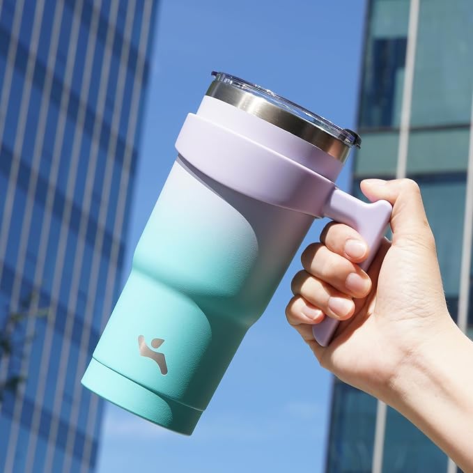 Konokyo 40 oz Tumbler with Handle and Straw, Insulated Travel Mug | Lavender Green; BPA-free, leak-proof tumbler with 2 lids, 2 straws, cup holder fit for coffee, office, travel & daily use
