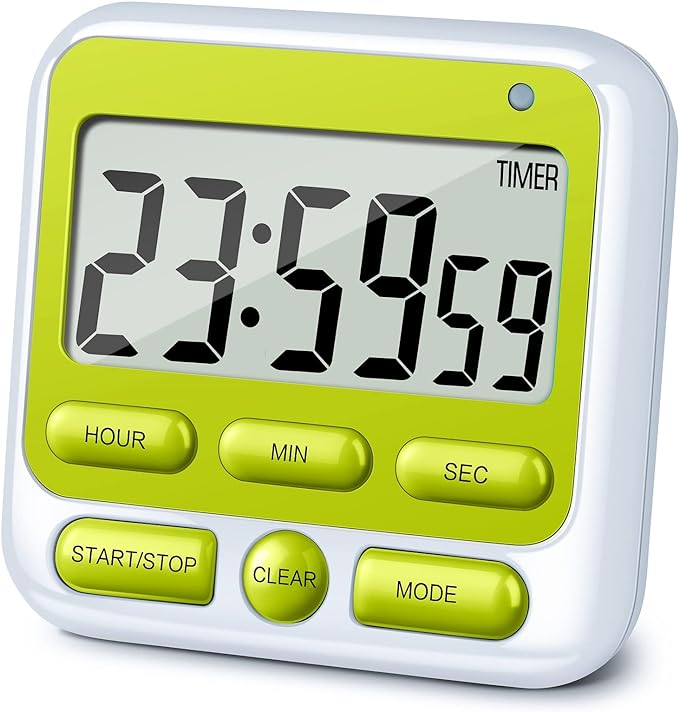 4-in-1 Digital Timer with Count Up/Down, Clock & Alarm, Ring & Silent Modes | Large 2.8-Inch easy-read LCD, On/Off switch, 24-Hour count up/down, Fast-forward function, Magnetic back, stand, hanging hole