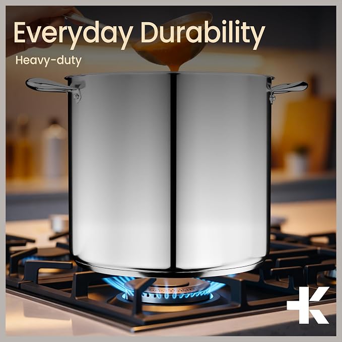 Stainless Steel Stockpot with Tempered Glass Lid 19 Quart, Durable 18/0 Stainless Steel, Impact-Bonded Base for Even Heating, Riveted Handles, Oven & All Stove Compatible, Safe Up To 500°F (260°C)