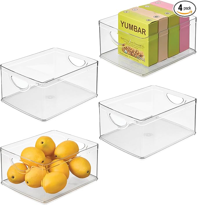 iDesign Plastic Stackable Kitchen Cabinet Storage Bin, Clear, 4-Pack | With Handles, Pantry Organizer