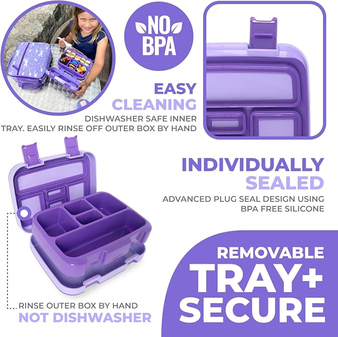 kinsho Kids Bento Lunch Box, Water Bottle, Ice Pack & Bag, Purple Unicorn | 5 Compartment Food Container for Lunches Snacks, BPA Free Plastic, Insulated Set for Small Girls Toddlers Daycare, Pre-School