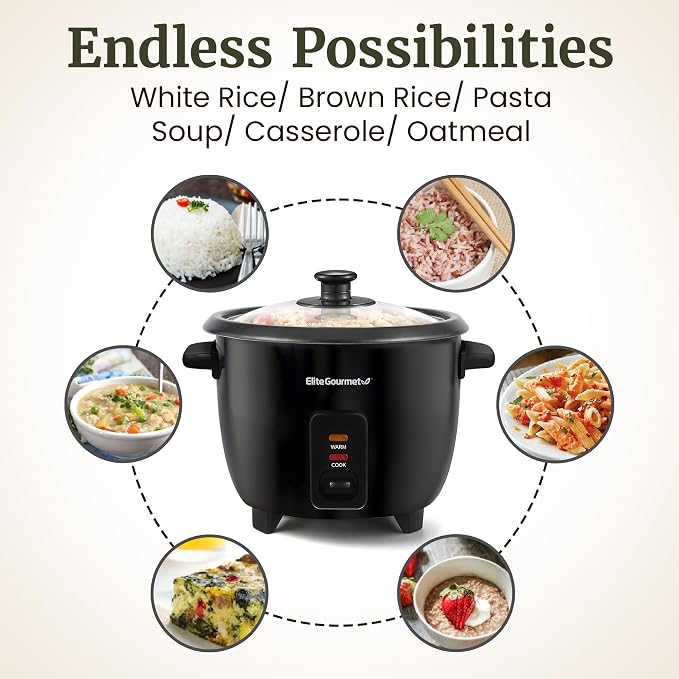 Elite Gourmet Electric Rice Cooker with Steam Tray and Non-Stick Inner Pot Makes Soups, Stews, Grains, Cereals, Keep Warm Feature, 6 Cups Cooked (3 Cups Uncooked), Black