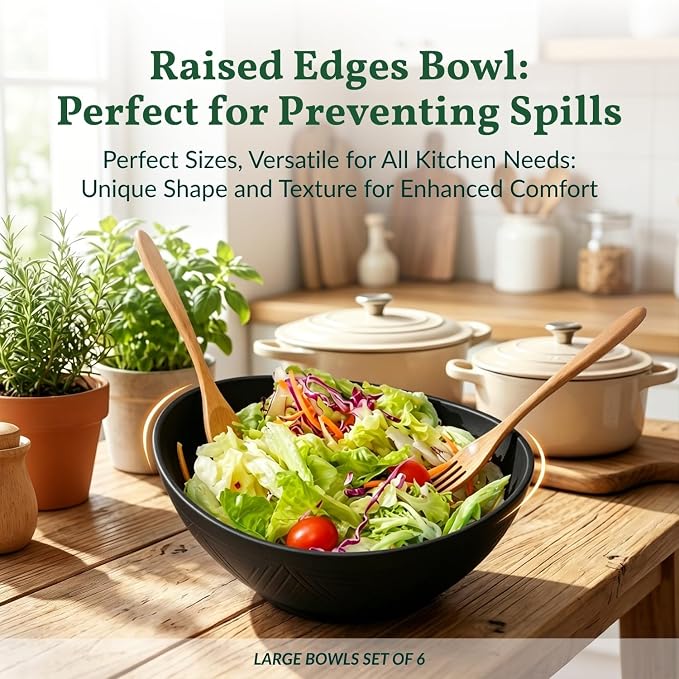 Wheat Straw Bowls Set of 6, 60 OZ Salad Bowl Large Capacity for Soup, Popcorn - Unbreakable Serving Bowl - Microwave & Dishwasher Safe Bowl, Alternative for Plastic Bowls for Kitchen - Black