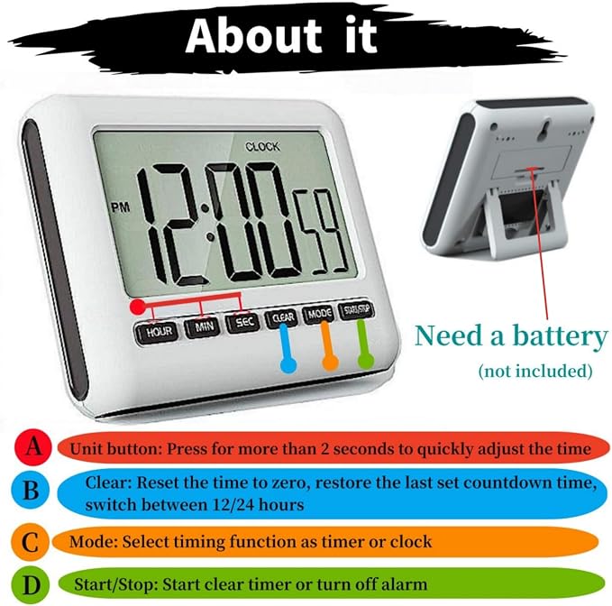 Magnetic Clock Digital Small for Fridge Stove with Clip Kitchen Timer Clocks Large Screen Loud Alarm 12/24 Hour Multi-Functional Countdown for Baking Sports Office Classroom 3.34x2.83 Inches Black
