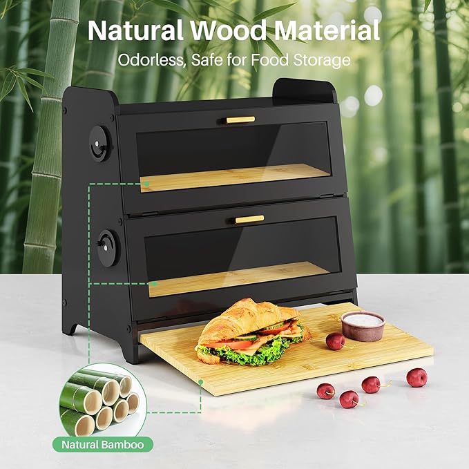 SNTD 2 Tier Bread Box for Kitchen Countertop, Adjustable Ventilation, Black | Bamboo Cutting Board, Airtight Design, See-Through Magnetic Door, Bread Storage Container for Homemade Bread, Multi-purpose