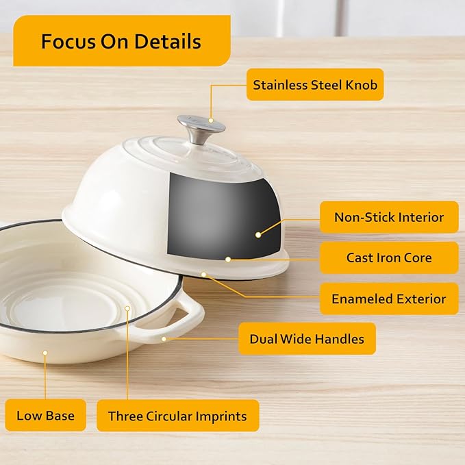 Velaze 5 QT Enameled Cast Iron Dutch Oven for Bread Baking with Dome Lid | Traps Steam for Crispy Artisan Sourdough Bread,Oven Safe,Ergonomic Handles,Gift for Bakers and Bakery Style Loaves,White
