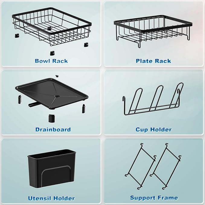 Dish Drying Rack, Stainless Steel-Dish Rack, Double Layer, | Dish Racks for Kitchen Counter, Kitchen Dish Drainers with Removable Utensil Holder,New Drain Outlet, (Black 3)