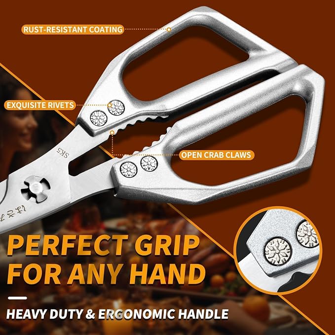 Huusk Kitchen Shears Set Silver - Seafood & Kitchen Scissors Set | Sharp Japanese-Style Cooking Meat Scissors for Crab, Shrimp, Lobster, Herbs and Food Prep, Gifts for Women Men