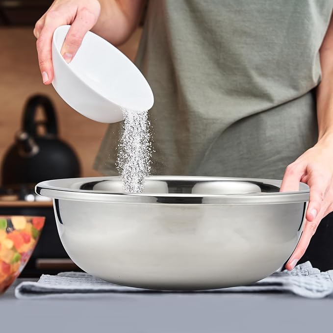 FillTouch 2 Pack Large Mixing Bowl 16 Qt Oversized All Purpose 304 Stainless Steel Polished Mirror Flat Base Metal Bowl for Home or Commercial Prepping Baking Mixing Marinating