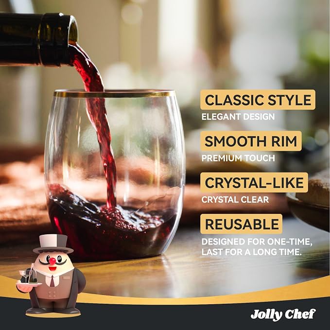 JOLLY CHEF 32 Pack 12 oz Champagne Flutes Gold Stemless Toasting Glasses | Plastic Wine Cups | Crystal | Shatterproof | Heavy Duty | Disposable | Unbreakable Drinkware for Wedding Party Thanskgiving